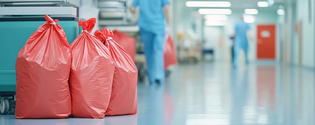 Three red trash bags next to a cart in a hospital corridor with staff in blue scrubs in the background.