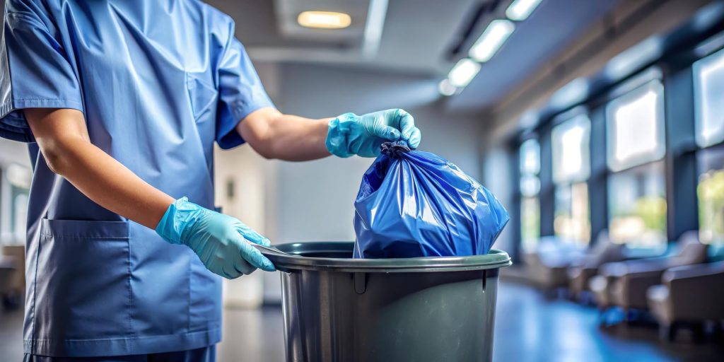 A person in blue scrubs and gloves disposes of a blue trash bag into a bin in a clinical setting.