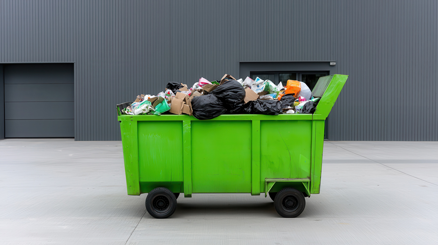 A green dumpster filled with trash bags and various waste items in front of a gray building.