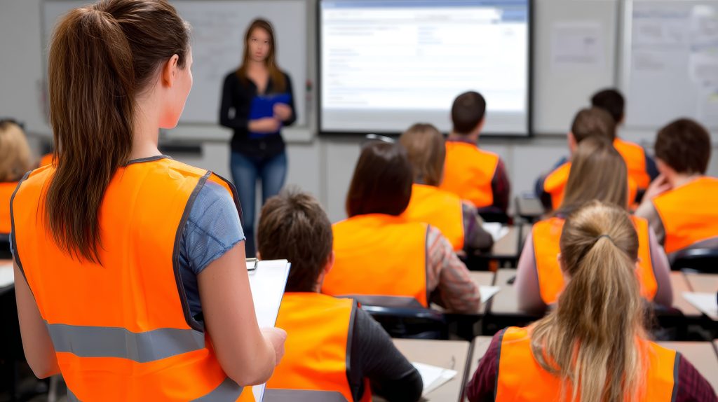 A group of students in orange safety vests listening to a presenter in a classroom with a screen.